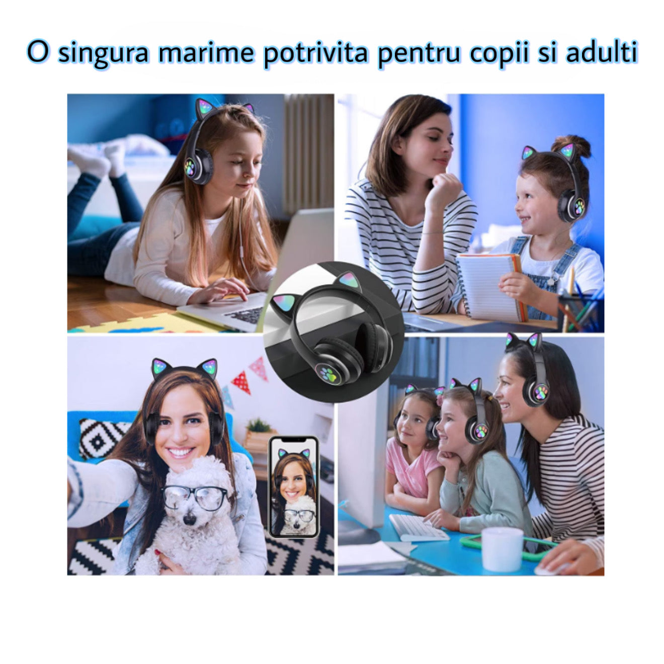 Casti wireless pliabile cu urechi de pisica, Bluetooth 5.0, negru