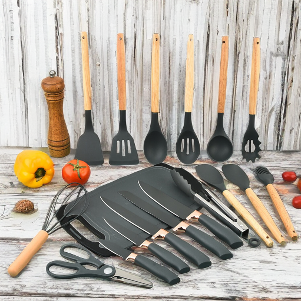 Set 19 Ustensile Bucatarie Silicon Termorezistent cu Cutite Inox si Suport Compact