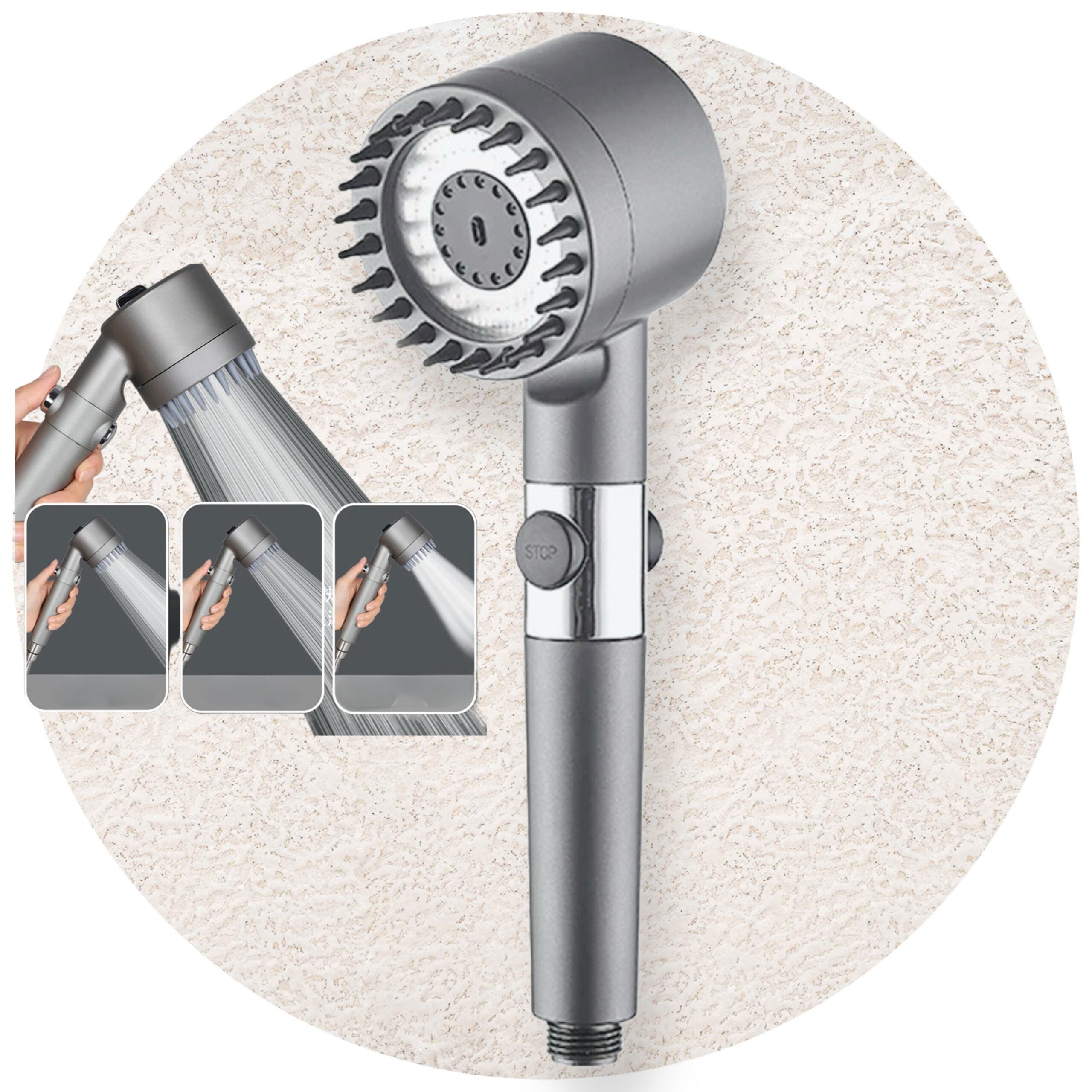 Cap de dus de inalta presiune cu 3 moduri de pulverizare si buton pauza