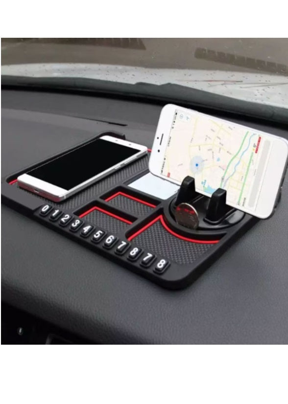 Suport auto multifunctional 4 in 1 pentru bord masina, antiderapant, PVC, Negru, telefon pana la 7”, chei, carduri, odorizant, rotire 360, 25 x 18 cm