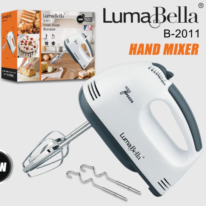 Mixer Electric de Mână LumaBella cu 7 Viteze, Accesorii din Oțel Inoxidabil – Tel pentru Ouă și Cârlige pentru Aluat, Design Ergonomic și Compact