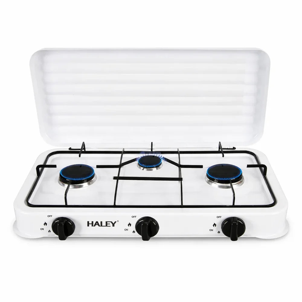 Aragaz pe Gaz HALEY HY-1520, 3 Arzătoare, Capac Protector, Plită Compactă, Alb