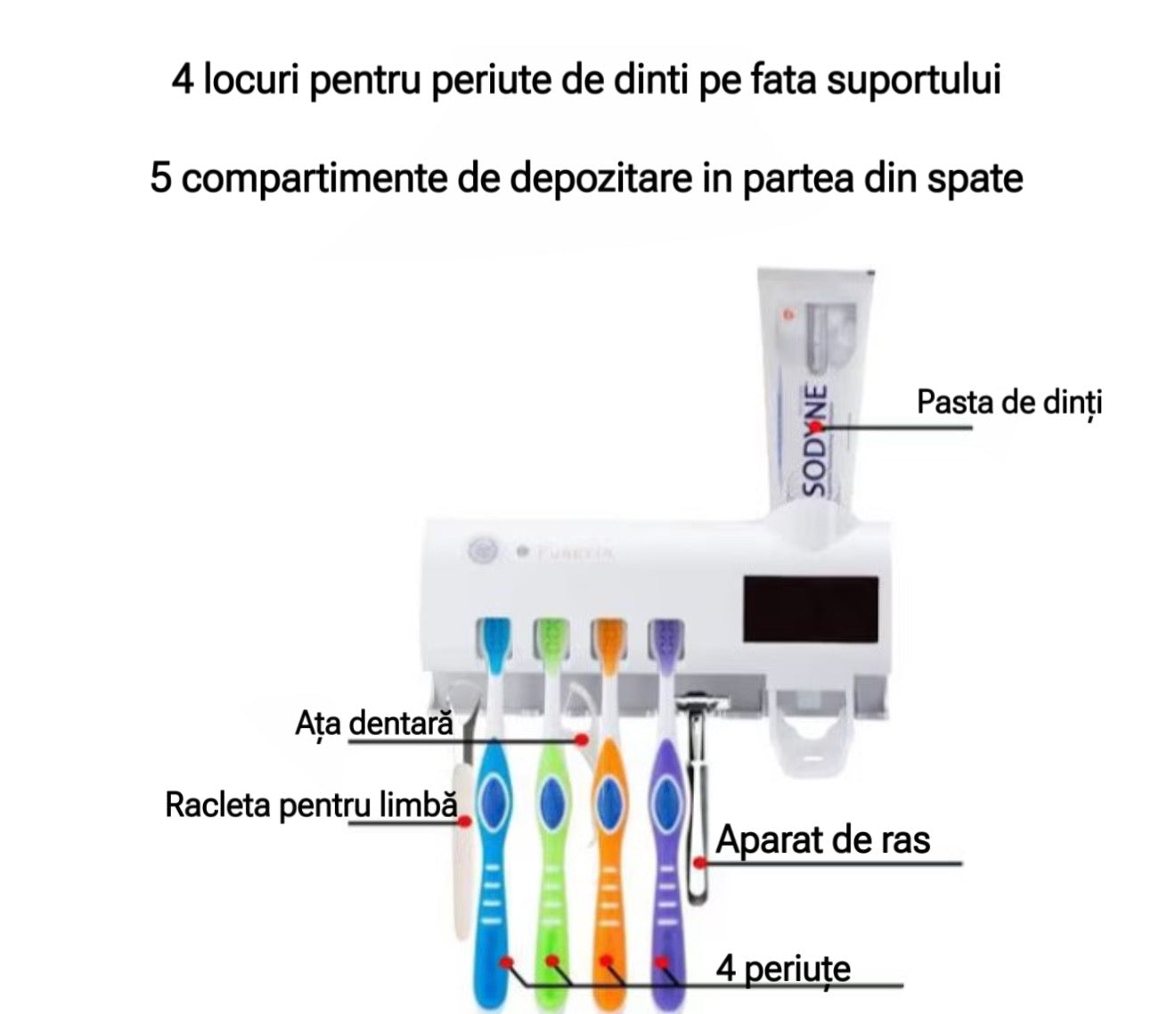 Dozator pasta de dinti cu suport pentru periute si sterilizare UV, alb
