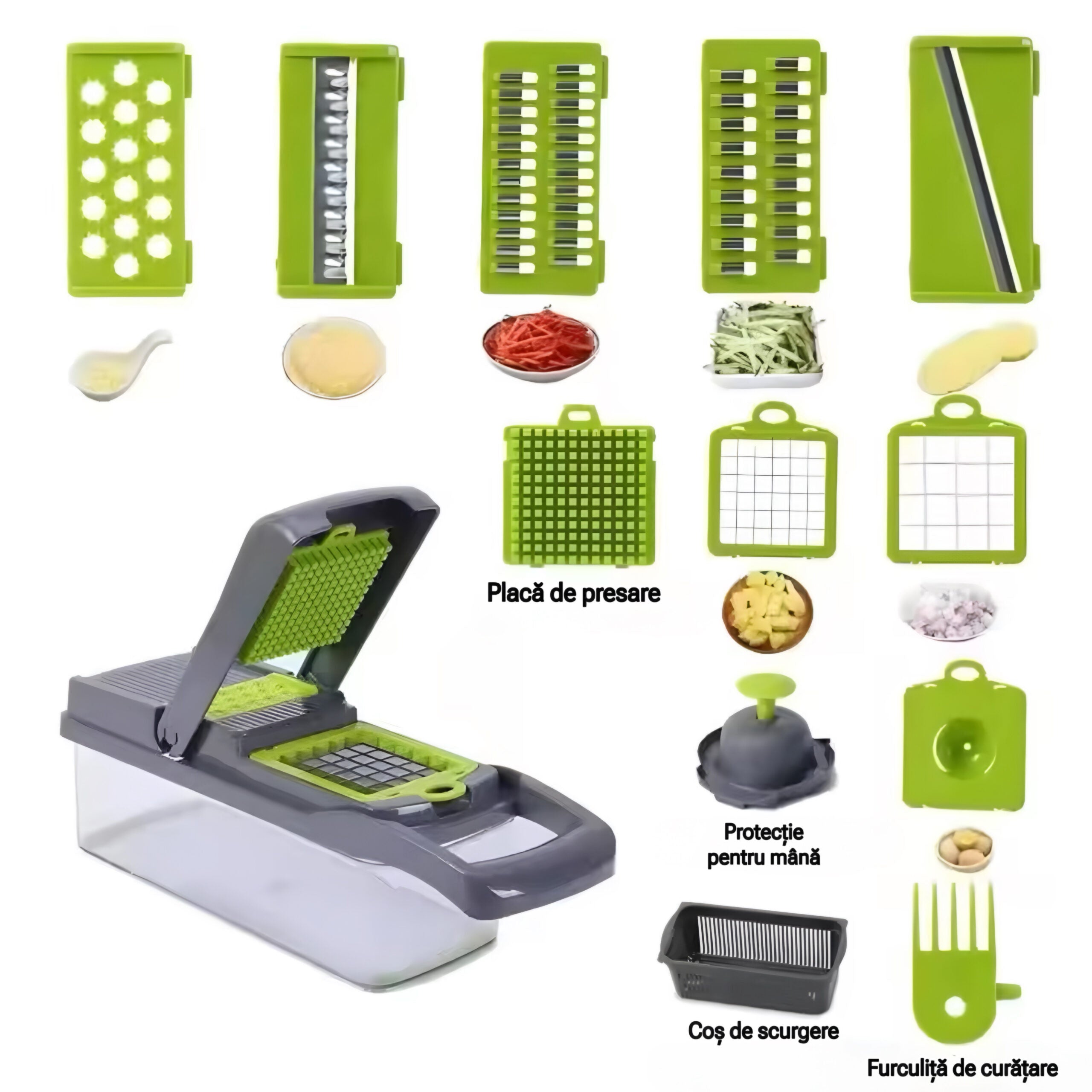 Razatoare multifunctionala legume cu 7 lame inox, recipient, capac ermetic si accesorii