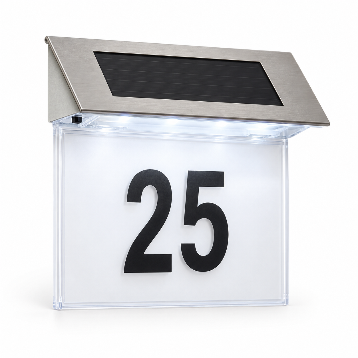 Număr de Casă Solar cu Iluminare LED, din Inox și Acril, 18 × 5,5 × 19 cm, Argintiu