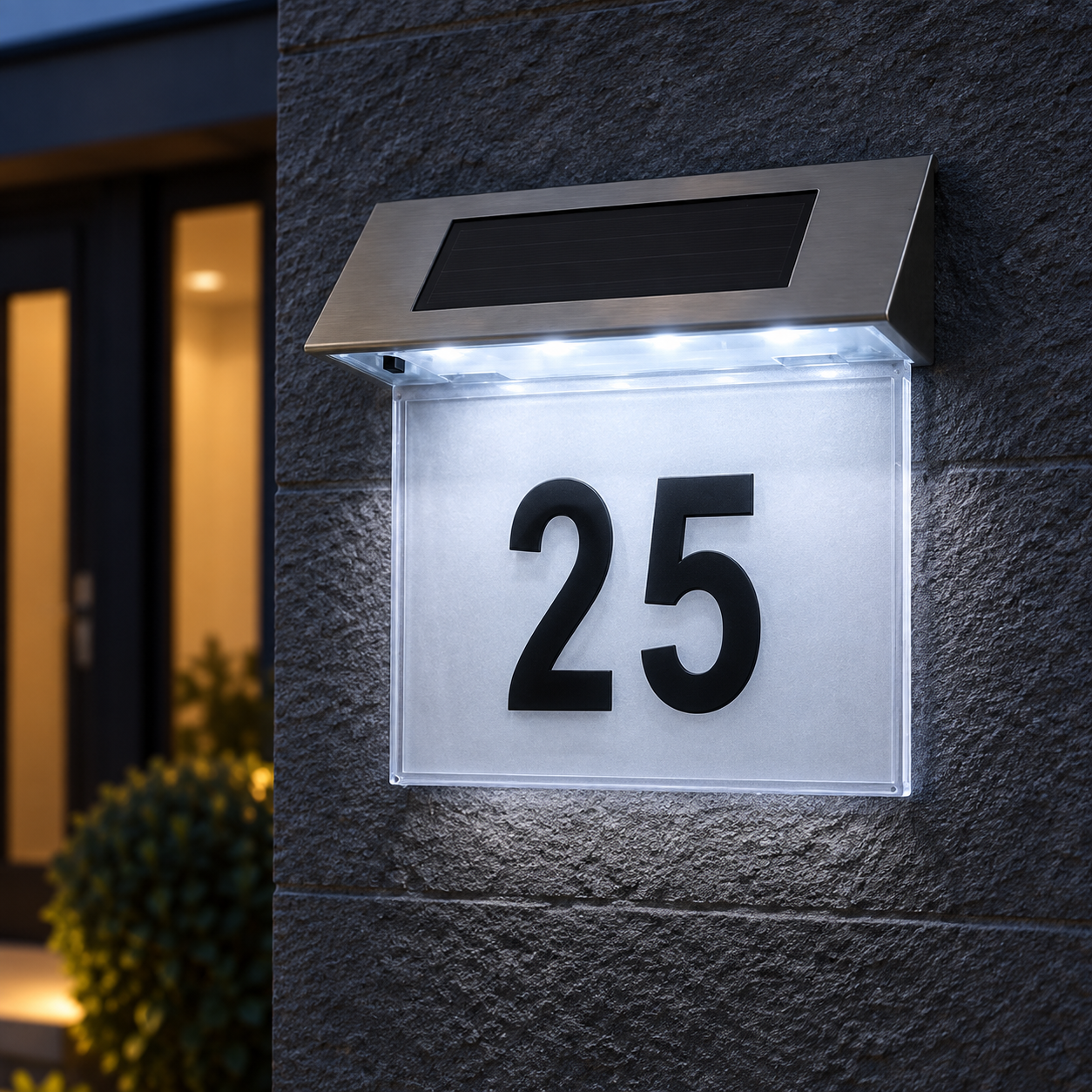 Număr de Casă Solar cu Iluminare LED, din Inox și Acril, 18 × 5,5 × 19 cm, Argintiu