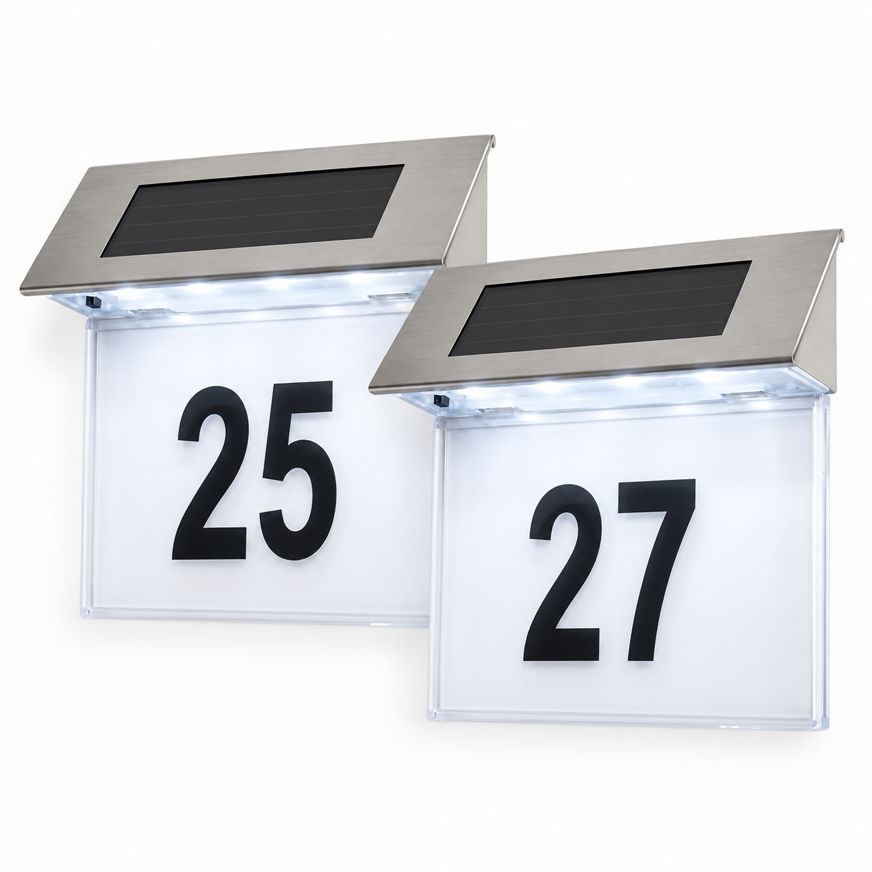 Pachet 2 Numere de Casă Solare cu Iluminare LED, Inox și Acril, Argintii