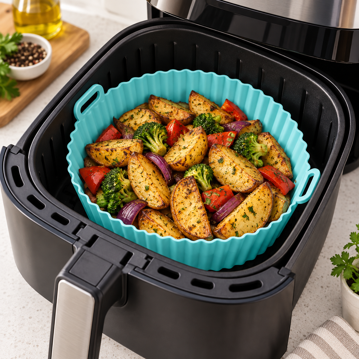 Set 3 Forme din Silicon pentru Friteuza cu Aer 3–5QT, Reutilizabile și Antiaderente, 17 × 17 × 5 cm