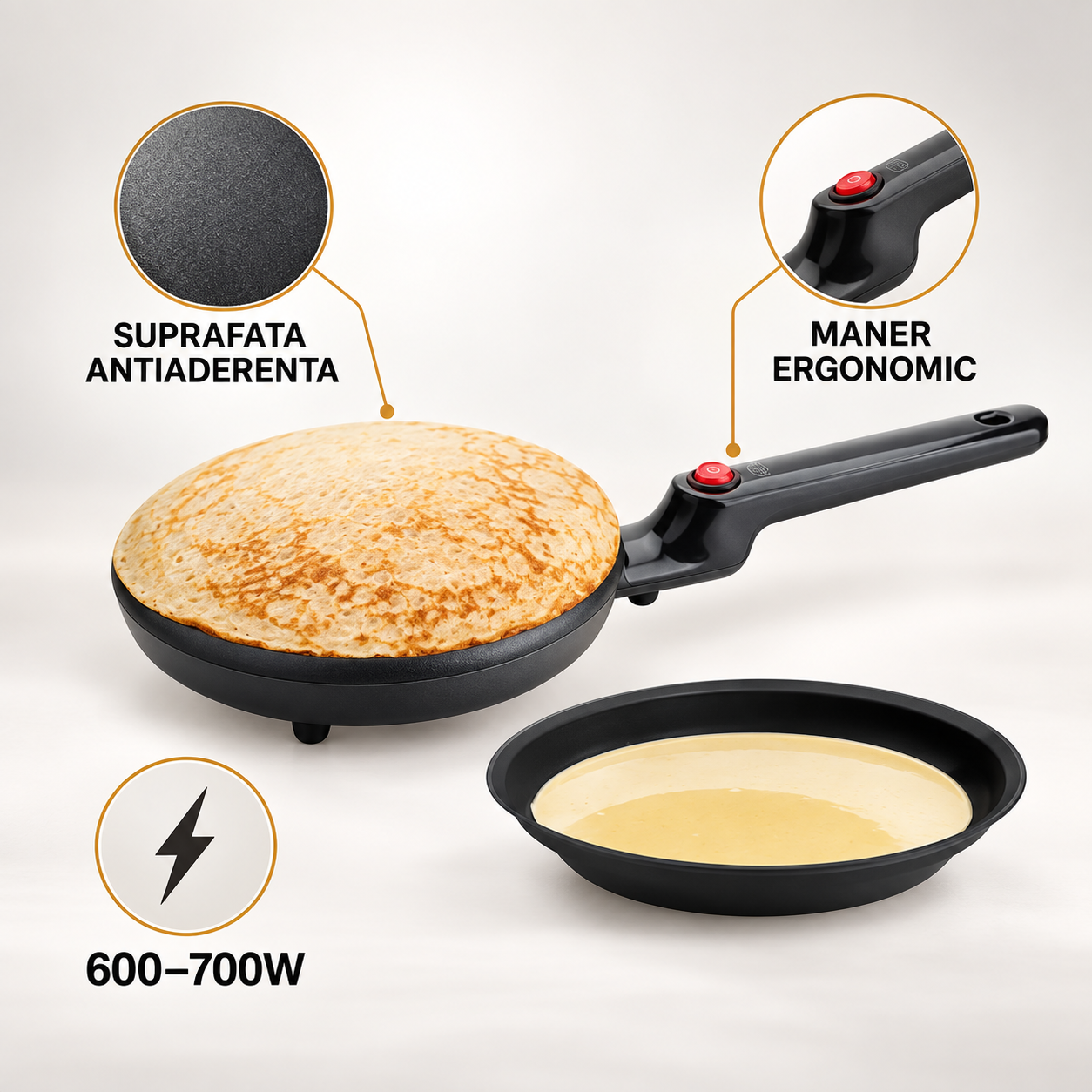 Tigaie Electrică Antiaderentă pentru Clătite, 600–700W – Mâner Ergonomic și Coacere Uniformă