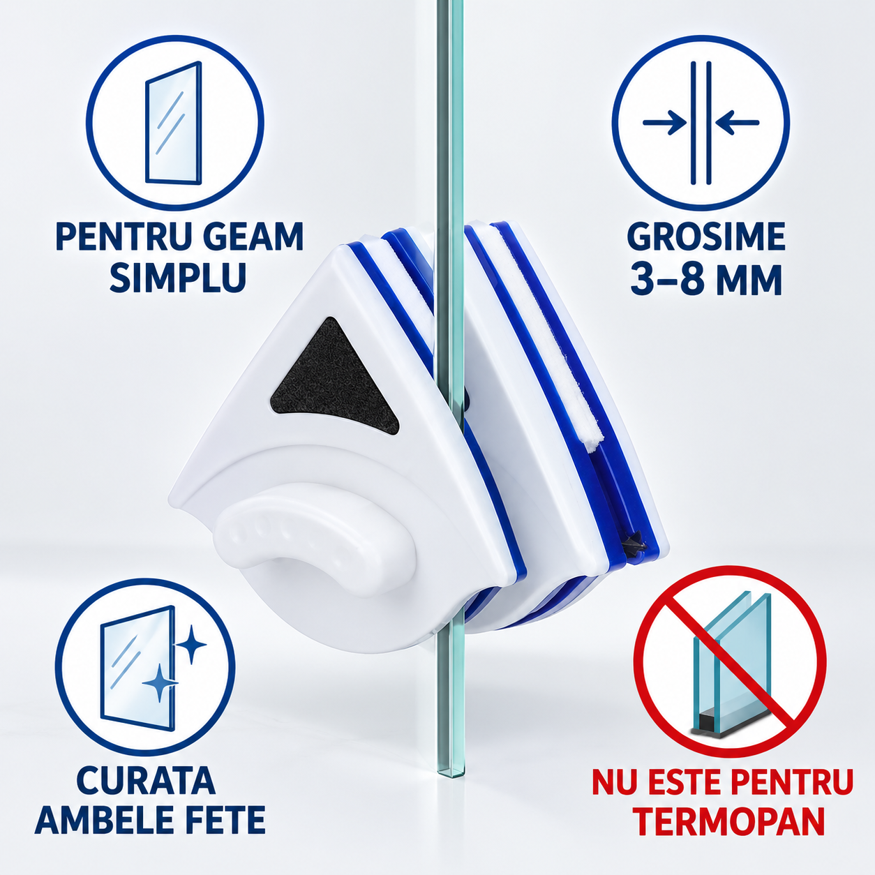 Curățător Magnetic cu Două Fețe pentru Geamuri de 3–8 mm – Spălare și Uscare Simultană