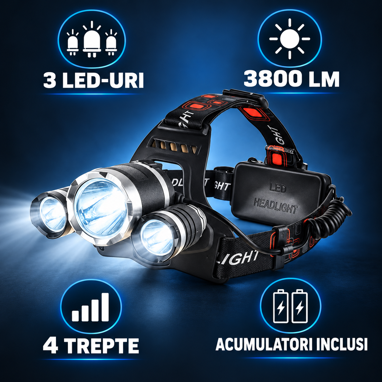 Lanternă Frontală cu 3 LED-uri, 3800 lm și 4 Trepte de Intensitate – Alimentare cu Acumulatori