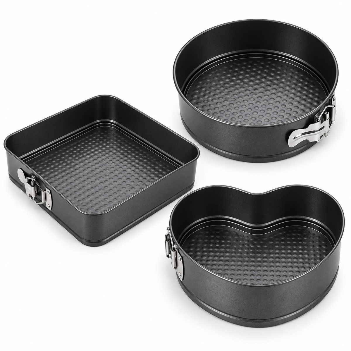 Set 3 Tăvi pentru Tort și Prăjituri cu Bază Detașabilă – Inimă, Rotundă și Pătrată