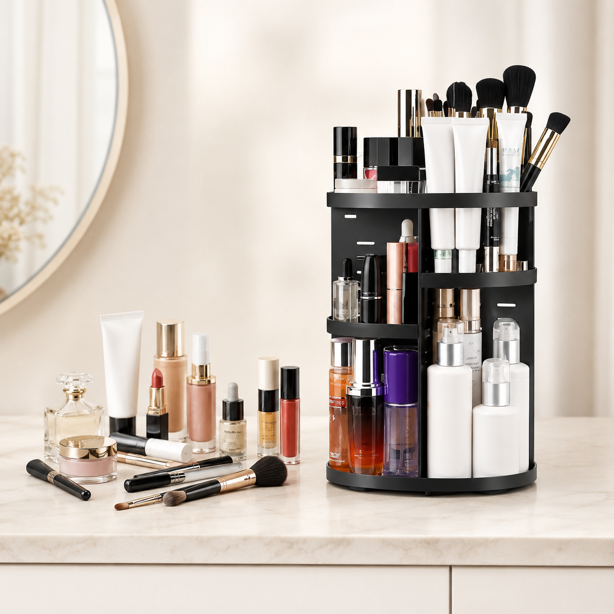 Organizator Cosmetic Rotativ 360° cu Compartimente Ajustabile pentru Machiaj, Parfumuri și Accesorii