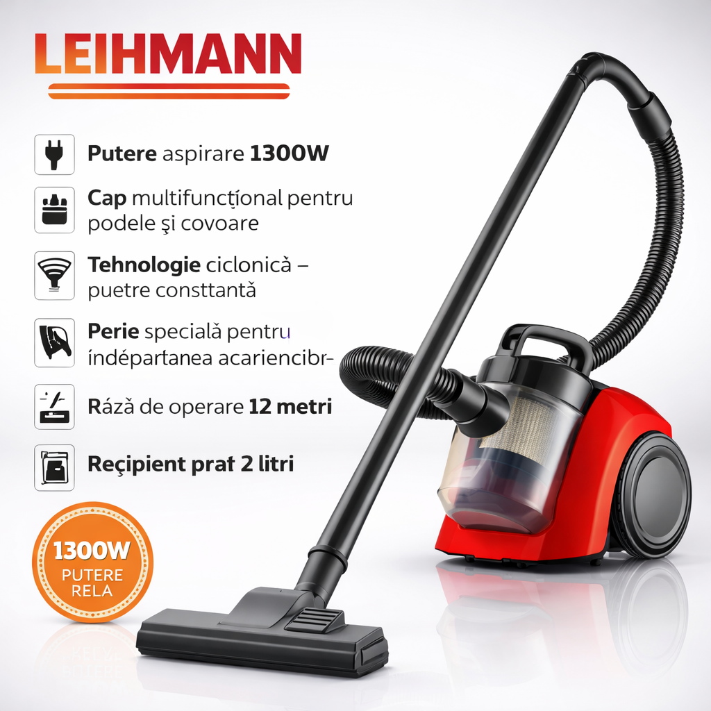 Aspirator fără Sac 1300W, Sistem Cyclonic, Perie Multifuncțională, Recipient 2L