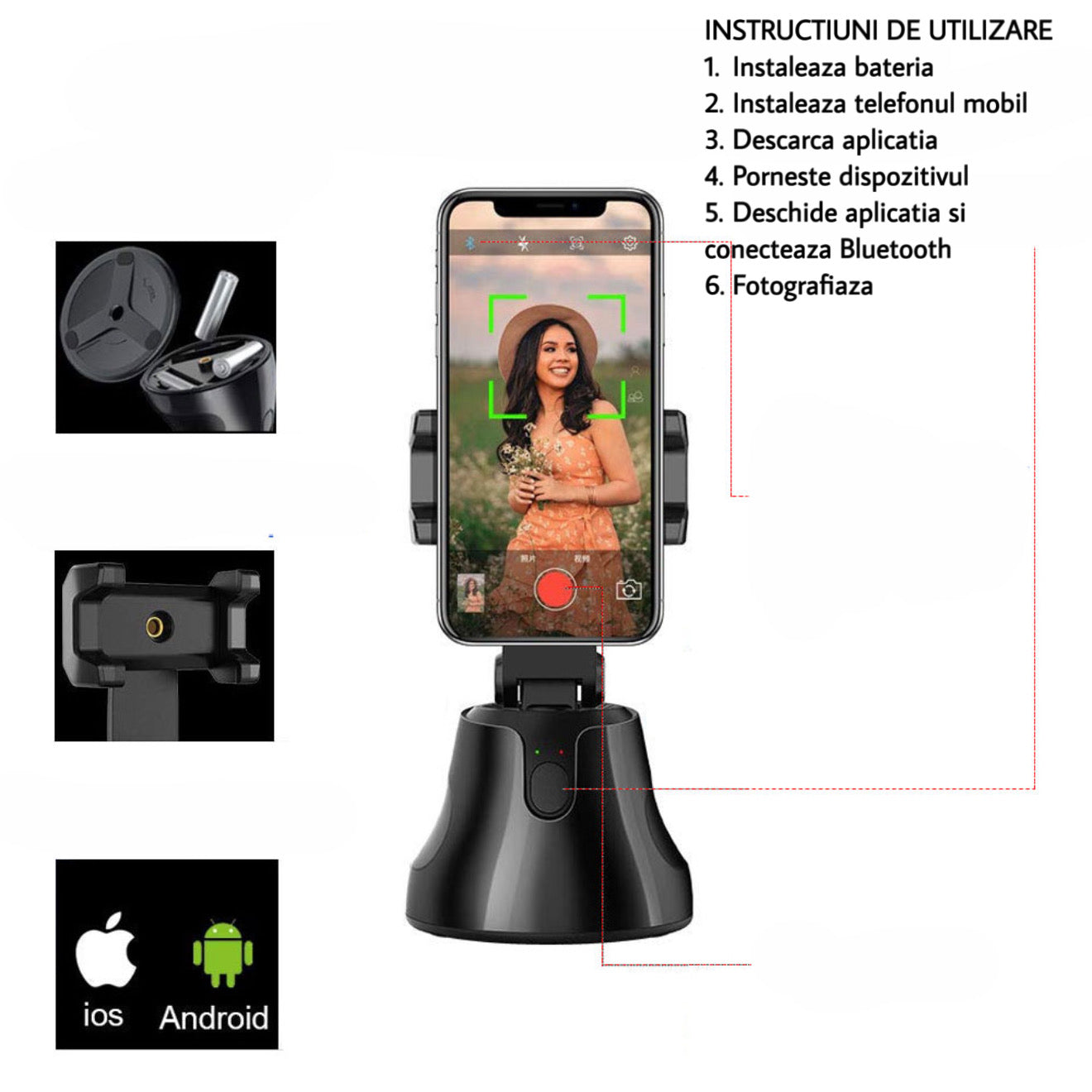 Suport autoportret pentru telefon cu rotire 360, urmarire automata fata si obiecte, fotografiere inteligenta, compatibil iOS si Android