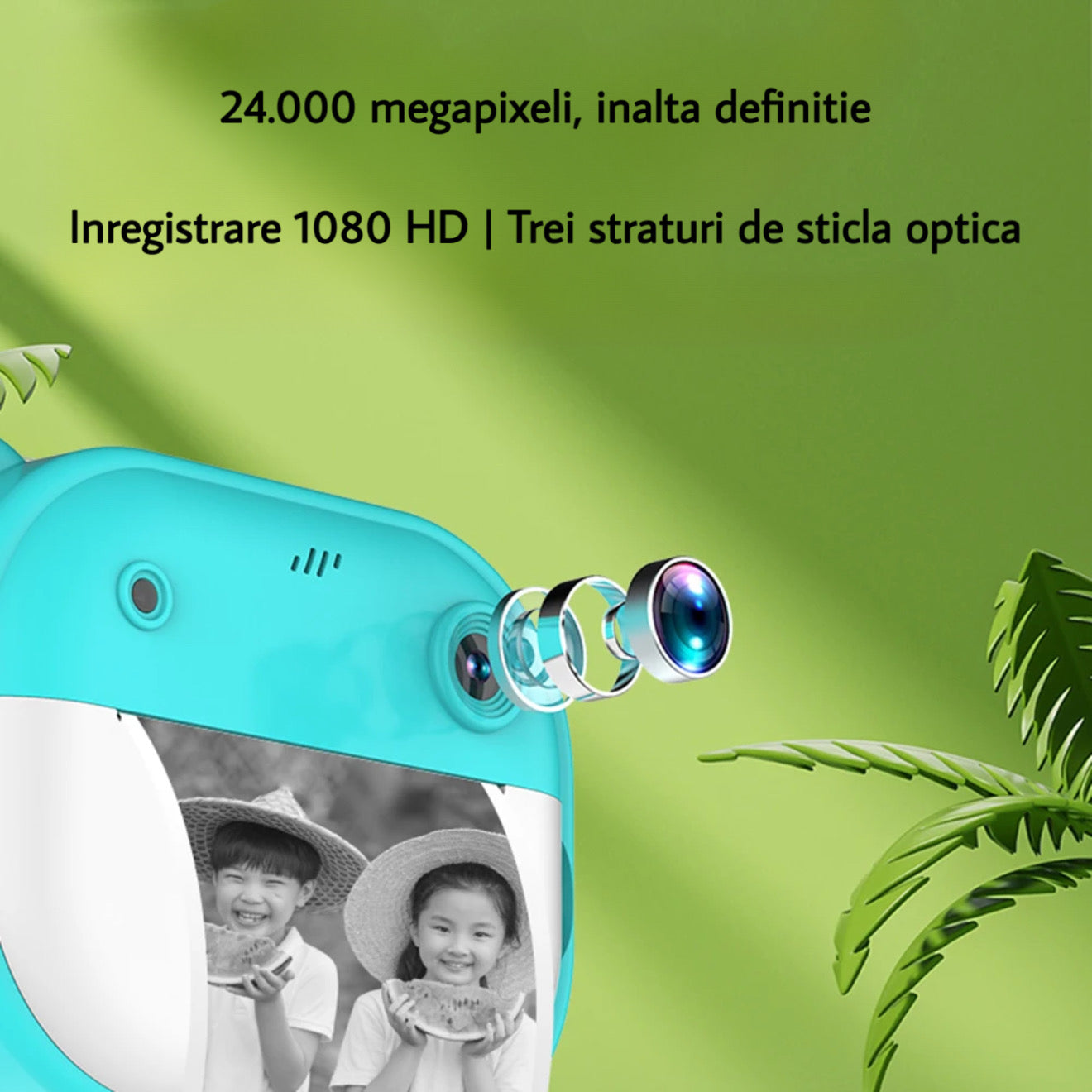 Aparat foto copii cu imprimare termica, ecran IPS 2.4”, rezolutie 10MP, video 1080P, jocuri incluse, card TF pana la 64GB, baterie 1200mAh
