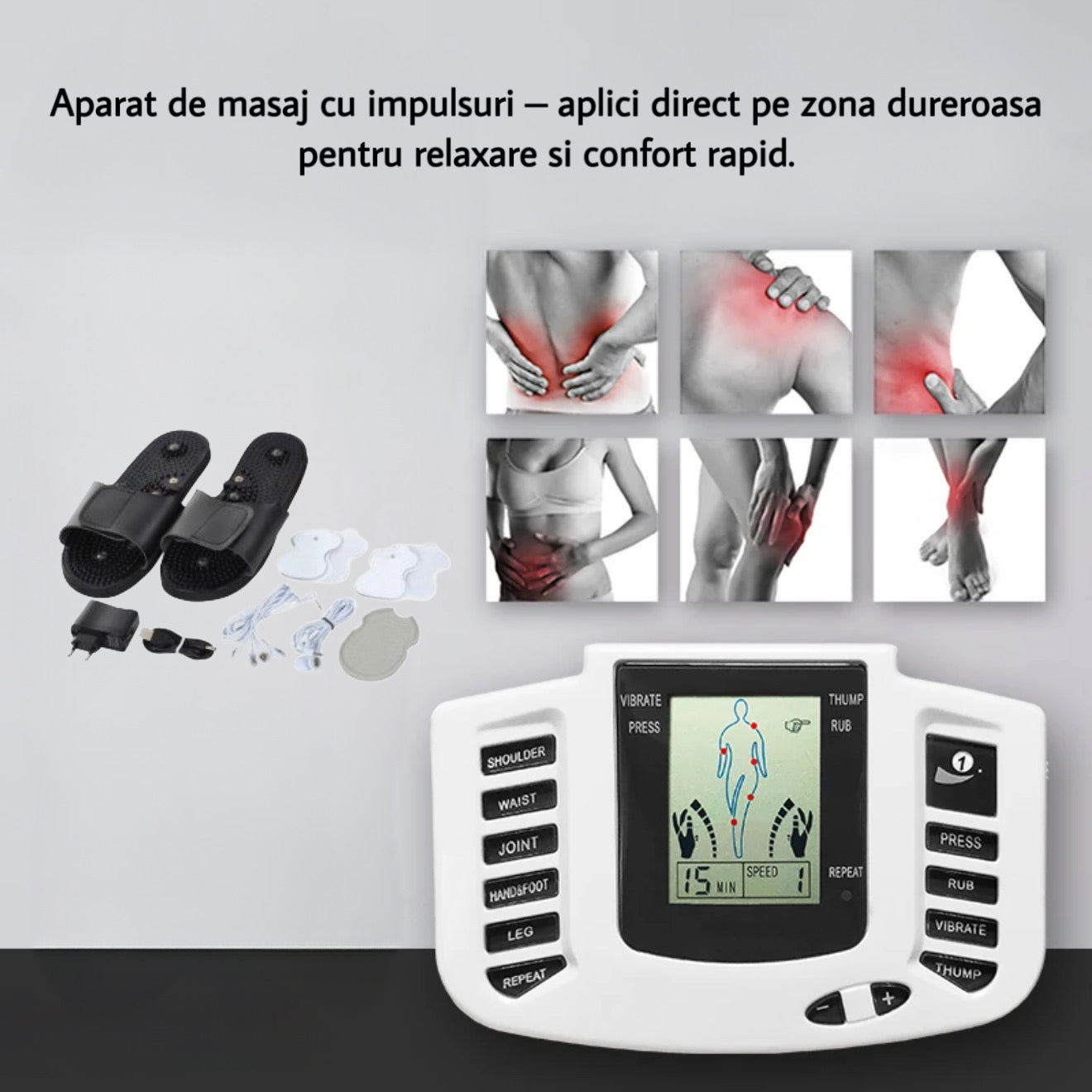 Aparat electrostimulare musculara, 9 programe, portabil, papuci pentru masajul talpilor