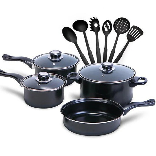 Set Gatit 13 Piese, Oale si Tigaie Antiaderente cu Ustensile, Capace Sticla, Ideal Bucatarie