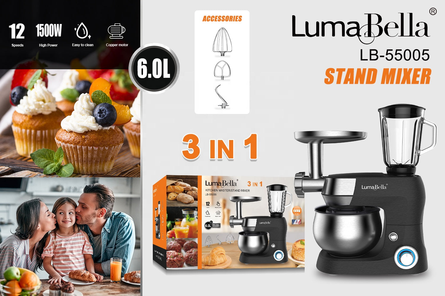 Robot de Bucătărie Multifuncțional SOKANY 1200W – Mixer Profesional, Blender, Malaxor, Procesator Alimente cu Bol din Oțel Inoxidabil