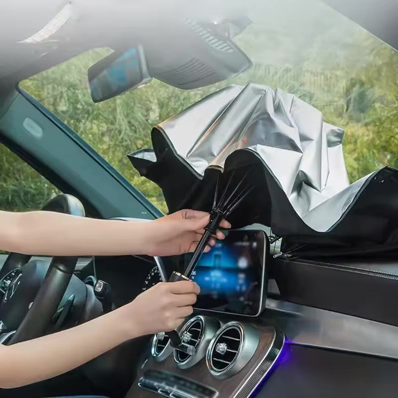 Parasolar auto tip umbrela, 145x79 cm, retractabil, portabil, protectie UV, negru/argintiu