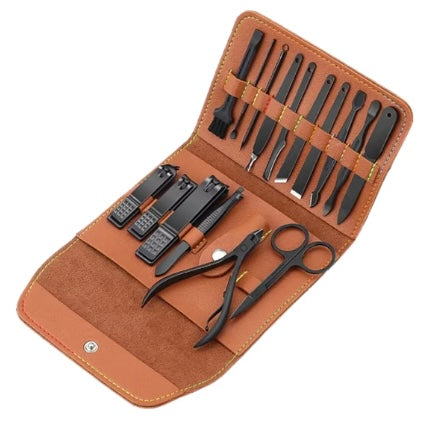 Trusa manichiura si pedichiura, 16 piese, otel inoxidabil, geanta depozitare piele ecologica, negru mat