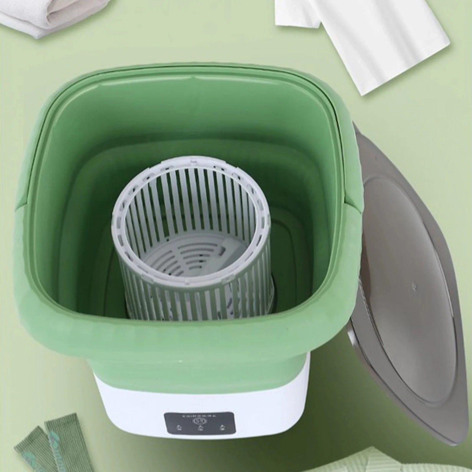 Mini masina de spalat rufe portabila, pliabila, 3 programe, Verde/Alb