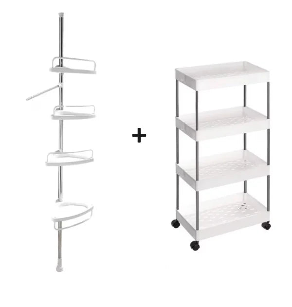 Pachet Promo: Raft organizator cu roți + Etajeră de colț pentru baie și duș, 4 rafturi, înălțime reglabilă 100–260 cm