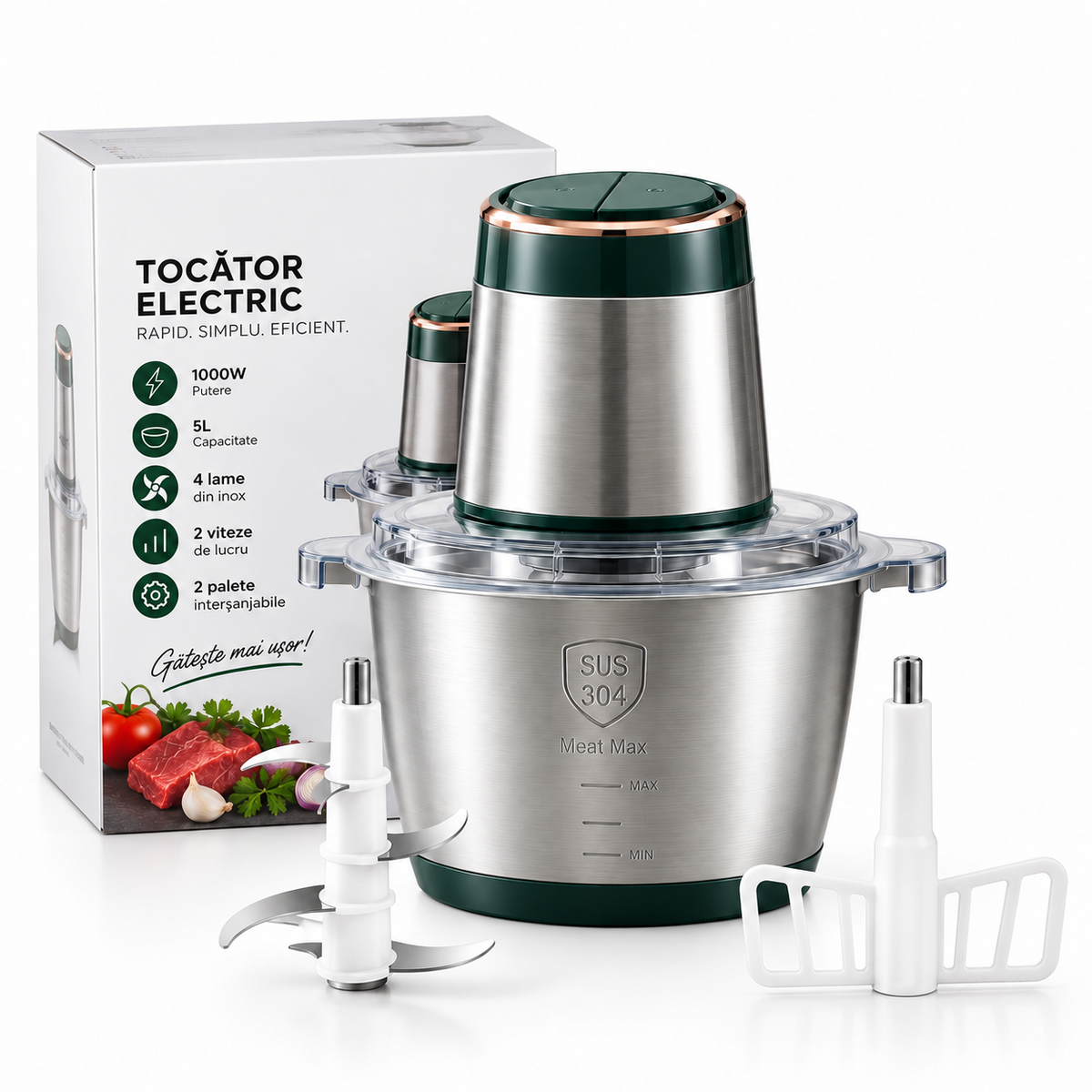 Tocător Electric 1000W, Bol Inox 5L, 4 Lame, 2 Viteze și 2 Palete Interschimbabile