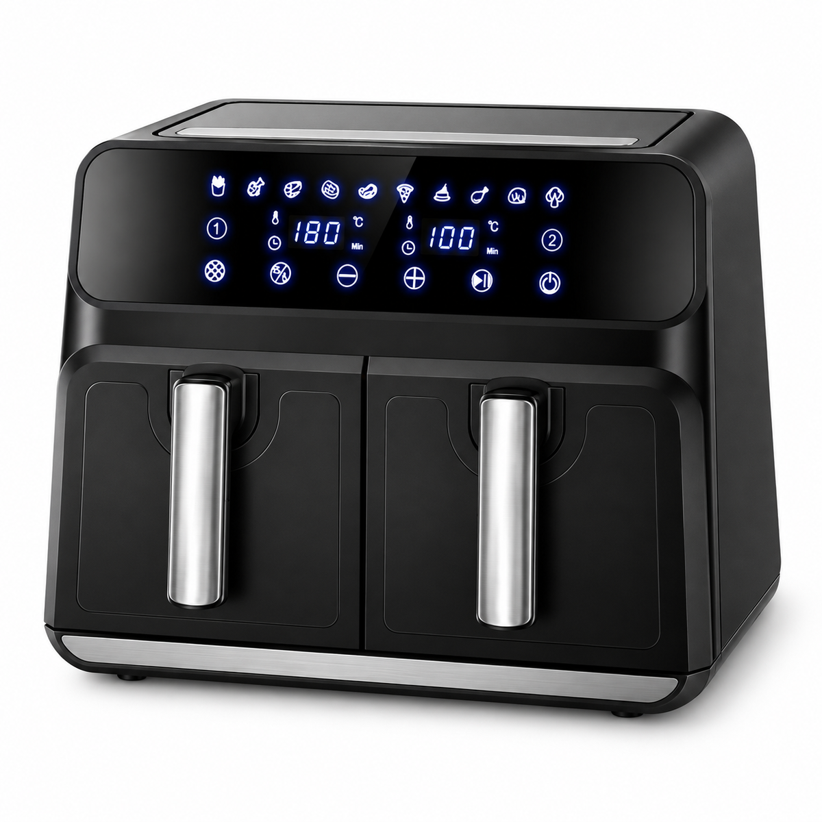 Friteuză Dublă cu Aer Cald, 10L(5L+5L), Două Compartimente, Display Digital Touch și Tehnologie 3D – Negru