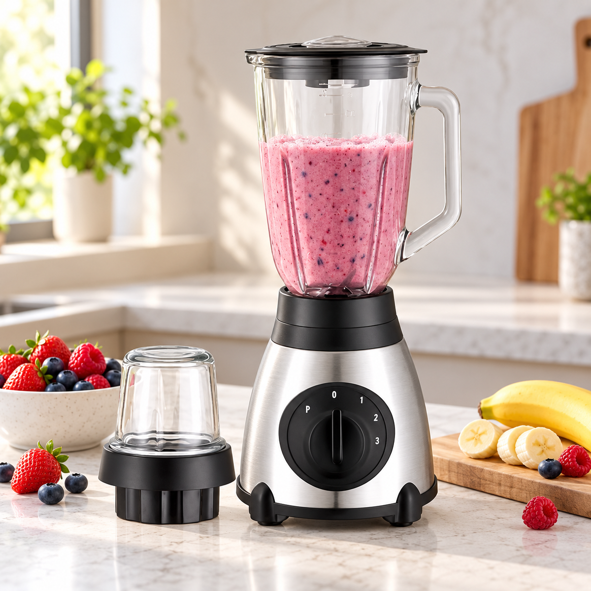 Blender 2 în 1, 450W, Bol din Sticlă 1,5L, 3 Viteze și Funcție Pulse, Râșniță Inclusă – Inox/Negru