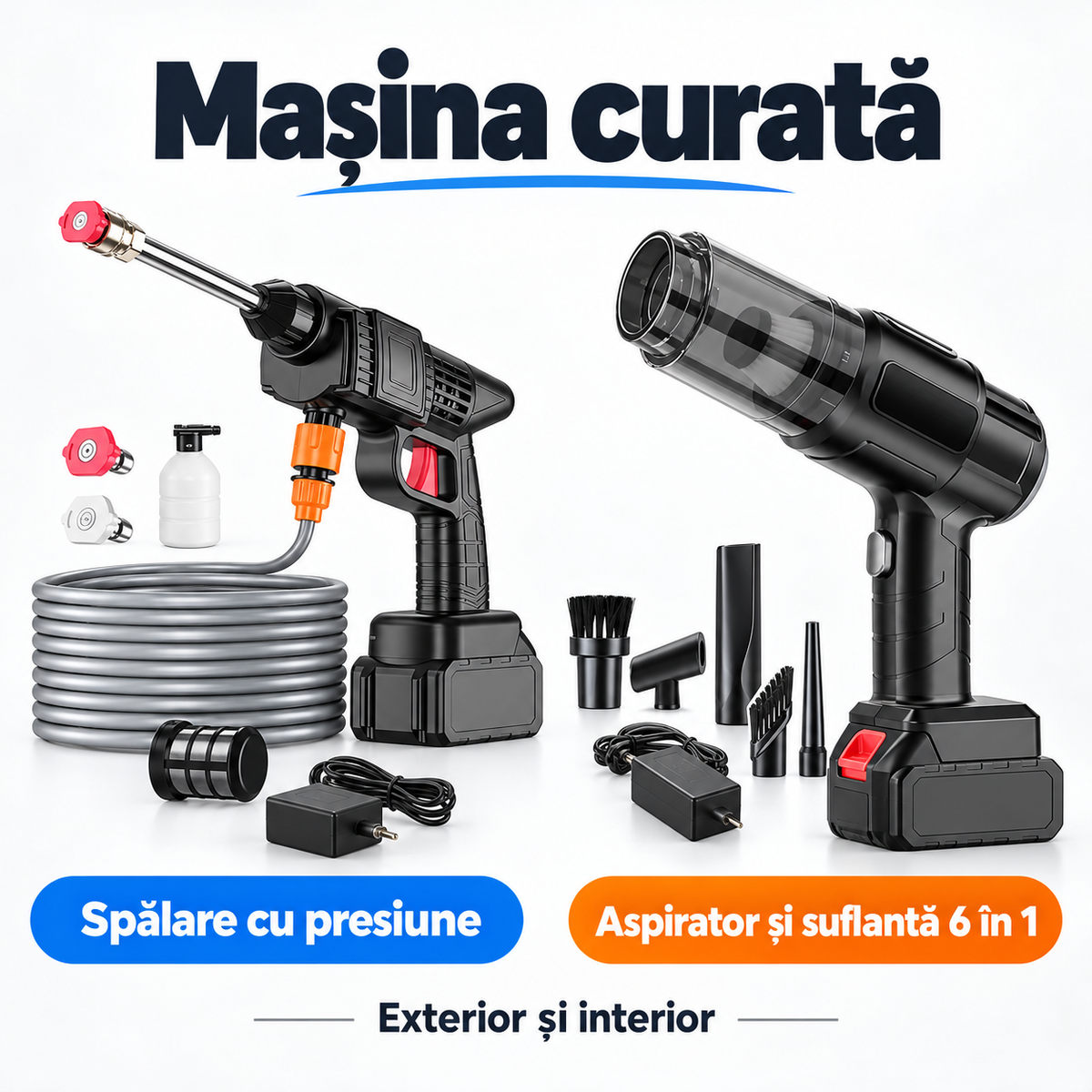 Pachet Mașina Curată – Aparat Portabil de Spălat cu Presiune + Aspirator și Suflantă 6 în 1, Fără Fir