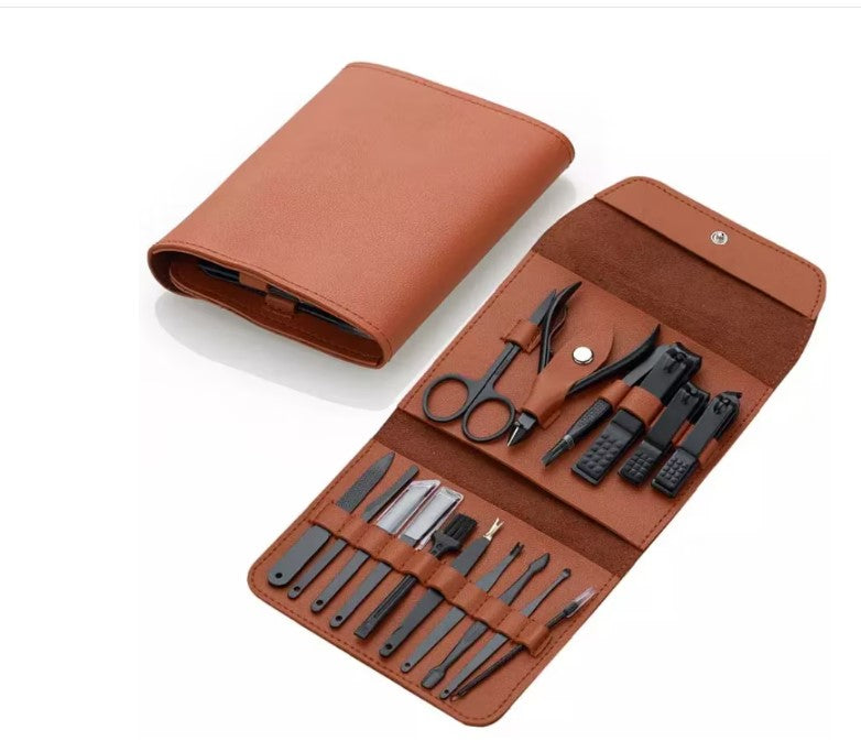 Trusa manichiura si pedichiura, 16 piese, otel inoxidabil, geanta depozitare piele ecologica, negru mat