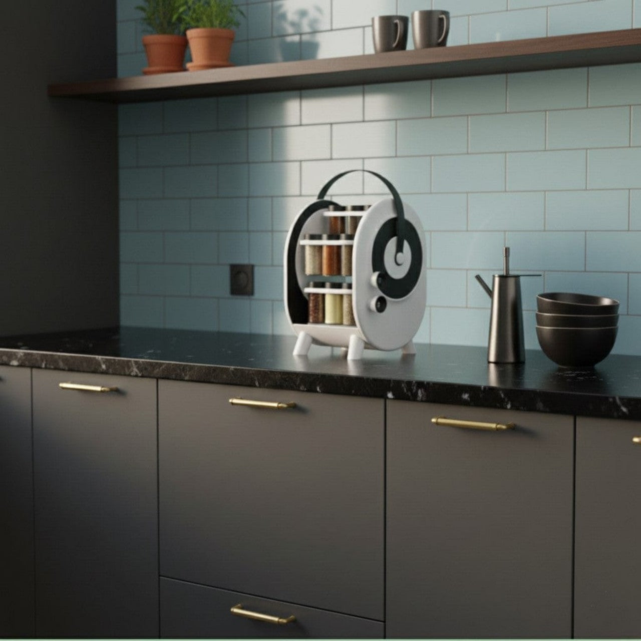 Suport rotativ Stuffix pentru condimente cu 18 borcane – organizare inteligentă și design modern