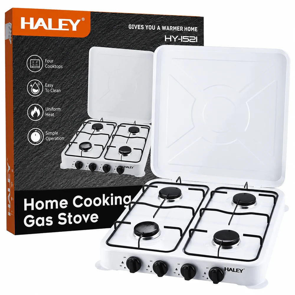 Aragaz pe Gaz HALEY HY-1521, 4 Arzătoare, Aprindere Rapidă, Flacără Reglabilă, Capac Metalic, Alb