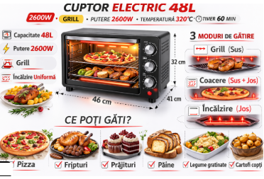 Cuptor Electric LEIHMANN 48L, 2600W, Grill, Temperatură 320°C, Timer 60 min