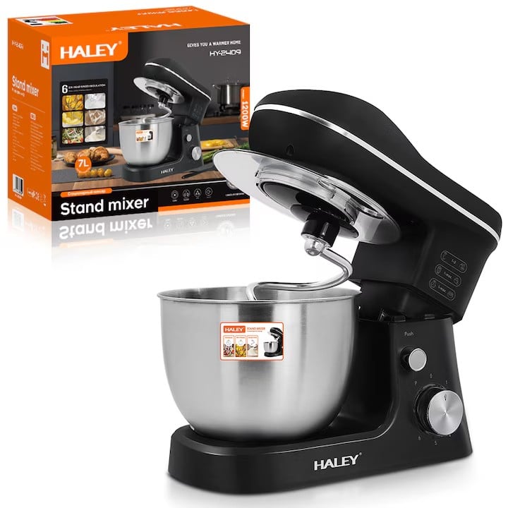 Mixer cu Bol HALEY HY-2409, 1200W, Bol Inox 7L, 6 Viteze + Funcție Pulse, Negru/Inox