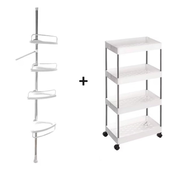 Pachet Promo: Raft organizator cu roti + Etajera colt pentru baie si dus, 4 polite, alb