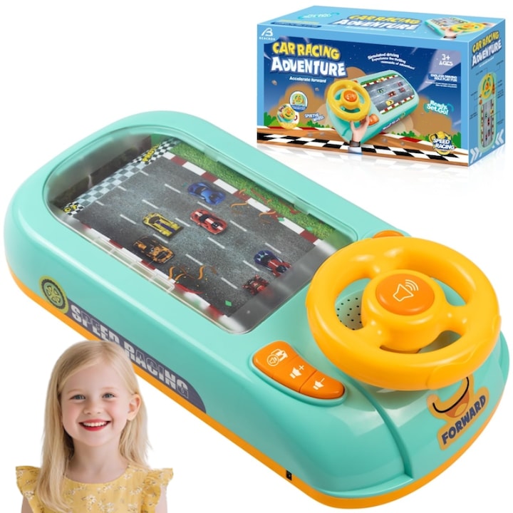 Joc Simulator de Condus pentru Copii  Volan Interactiv cu Sunete si Muzica, Efecte Realiste, Claxon si Lumina LED, Culoare Verde, 43x22x13 cm, Jucarie Educativa pentru Copii 3+ Ani, Simulare Condus Realista