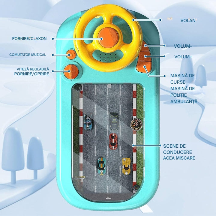 Joc Simulator de Condus pentru Copii  Volan Interactiv cu Sunete si Muzica, Efecte Realiste, Claxon si Lumina LED, Culoare Verde, 43x22x13 cm, Jucarie Educativa pentru Copii 3+ Ani, Simulare Condus Realista